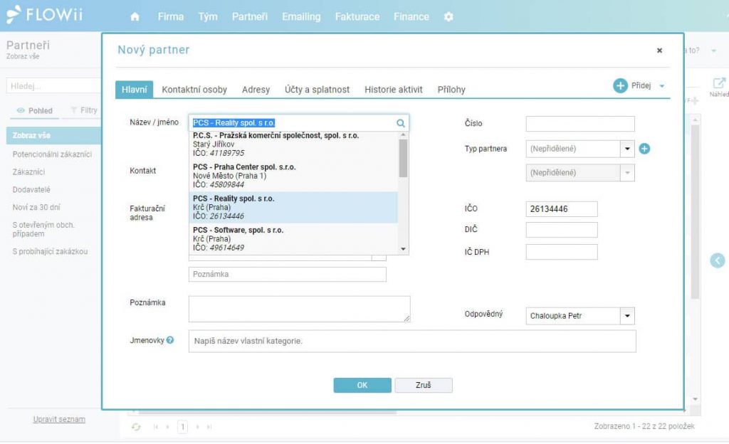 Vytvoření nové zákazníka nebo partnera ve FLOWii