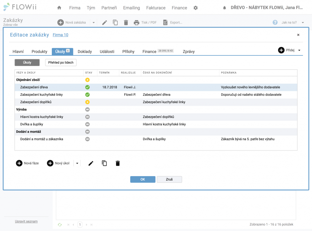 FLOWii - Zakázky - nastavení workflow zakázky