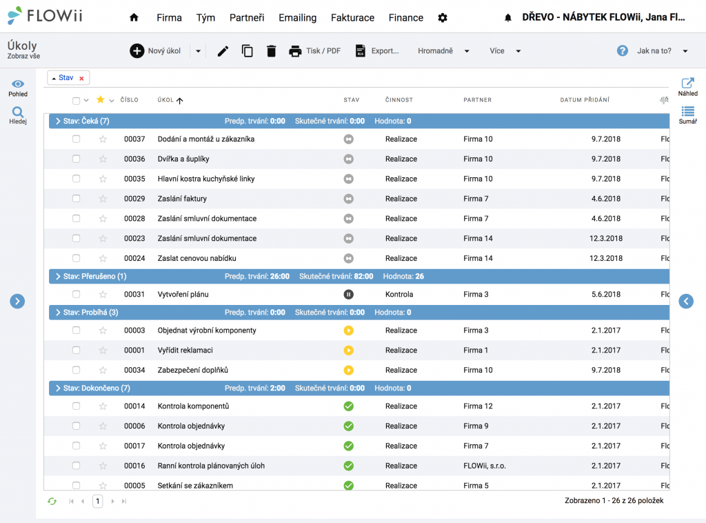 FLOWii - Úkoly - přehled úkolů podle jejich stavu