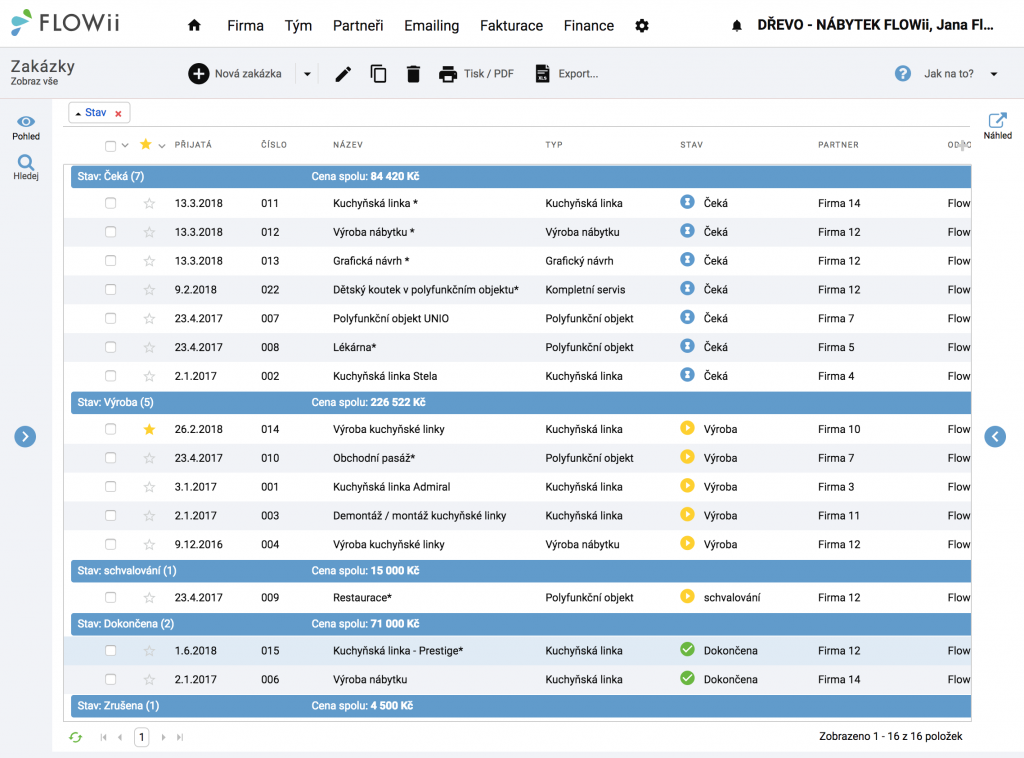 FLOWii - Zakázky - přehled zakázek podle jejich rozpracovanosti
