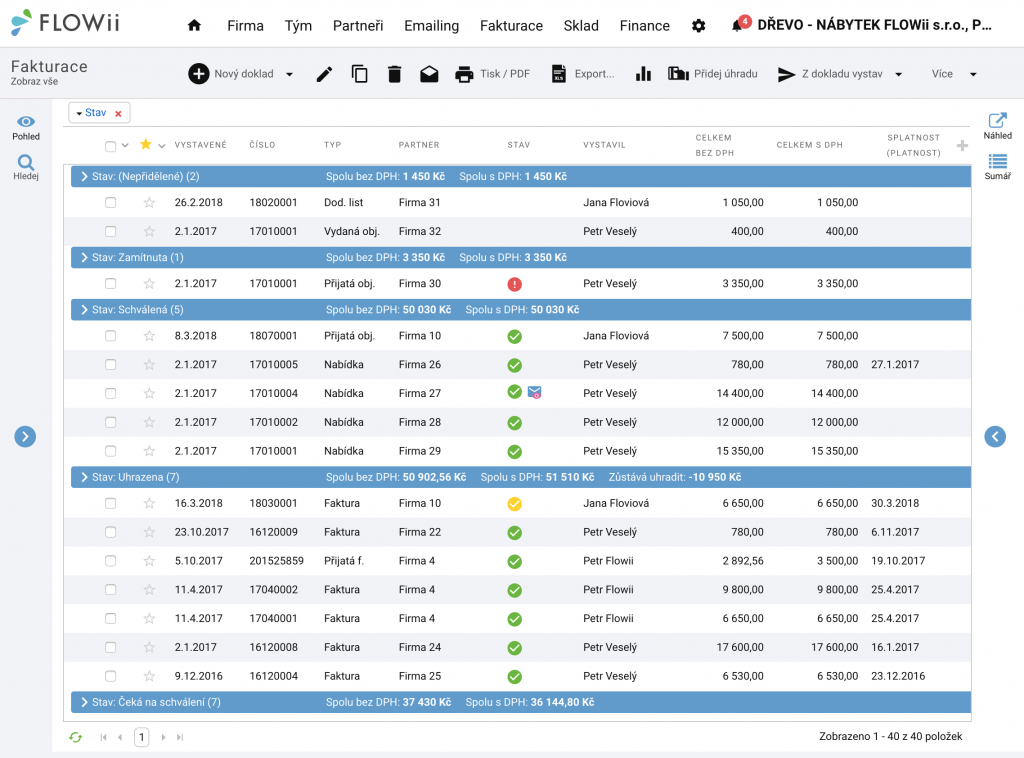 FLOWii - Fakturace - přehled faktur podle jejich stavu