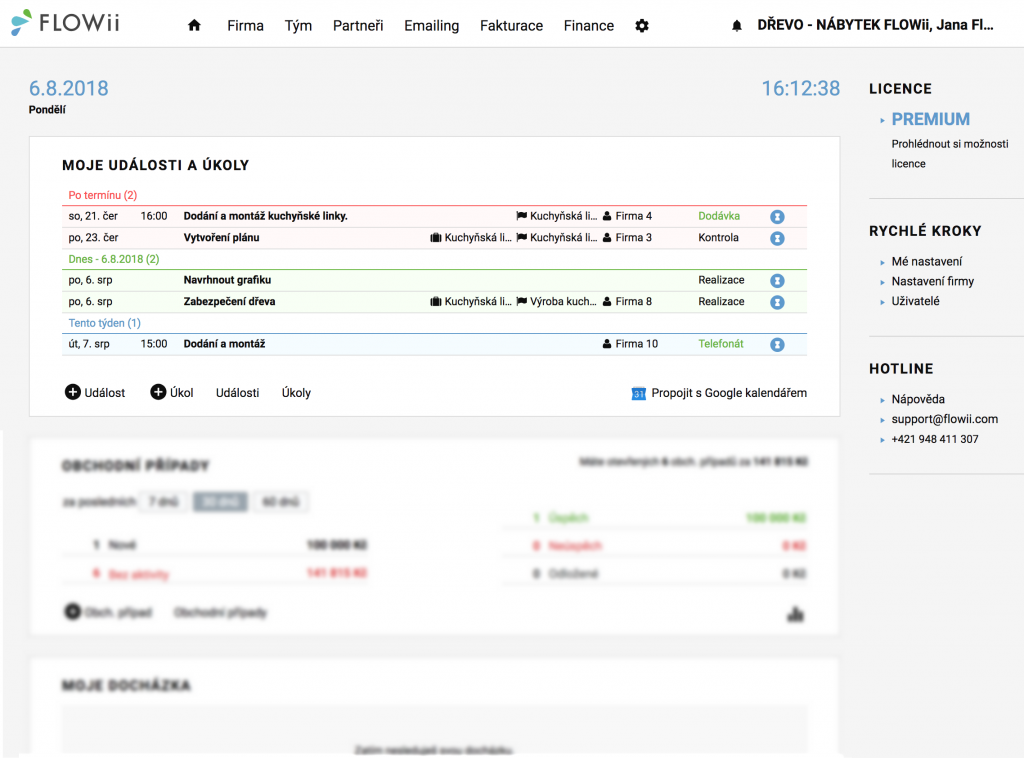 FLOWii - úvodní obrazovka neboli dashboard