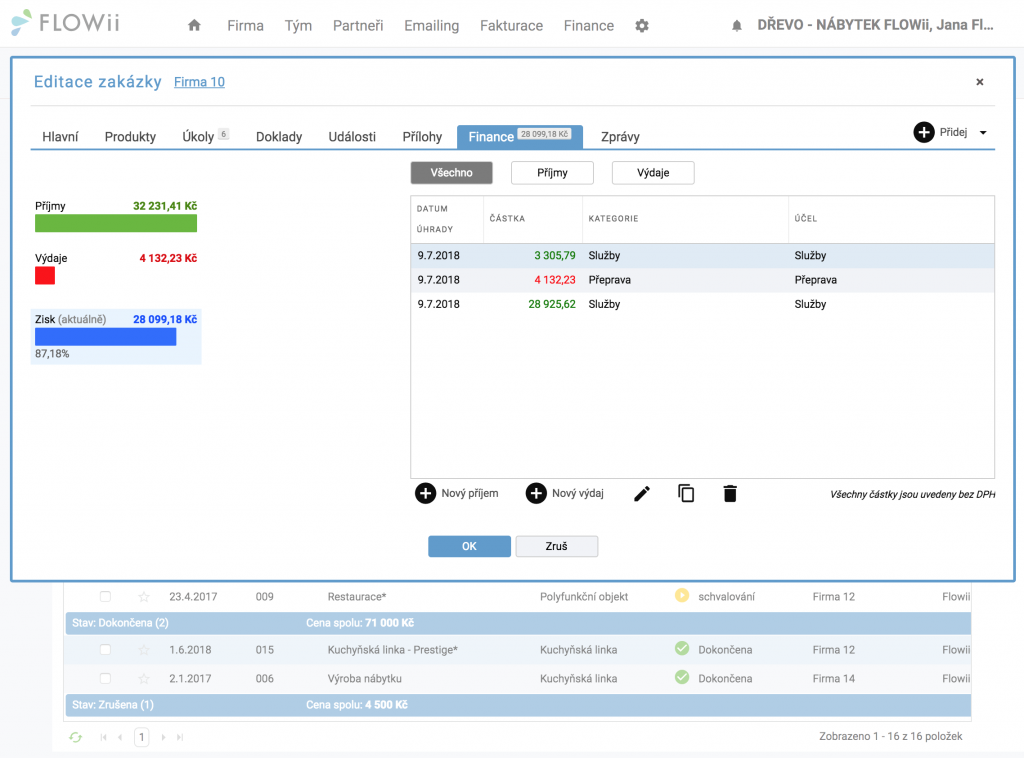 FLOWii - Zakázky - přehled příjmů a výdajů a konkrétní zakázku