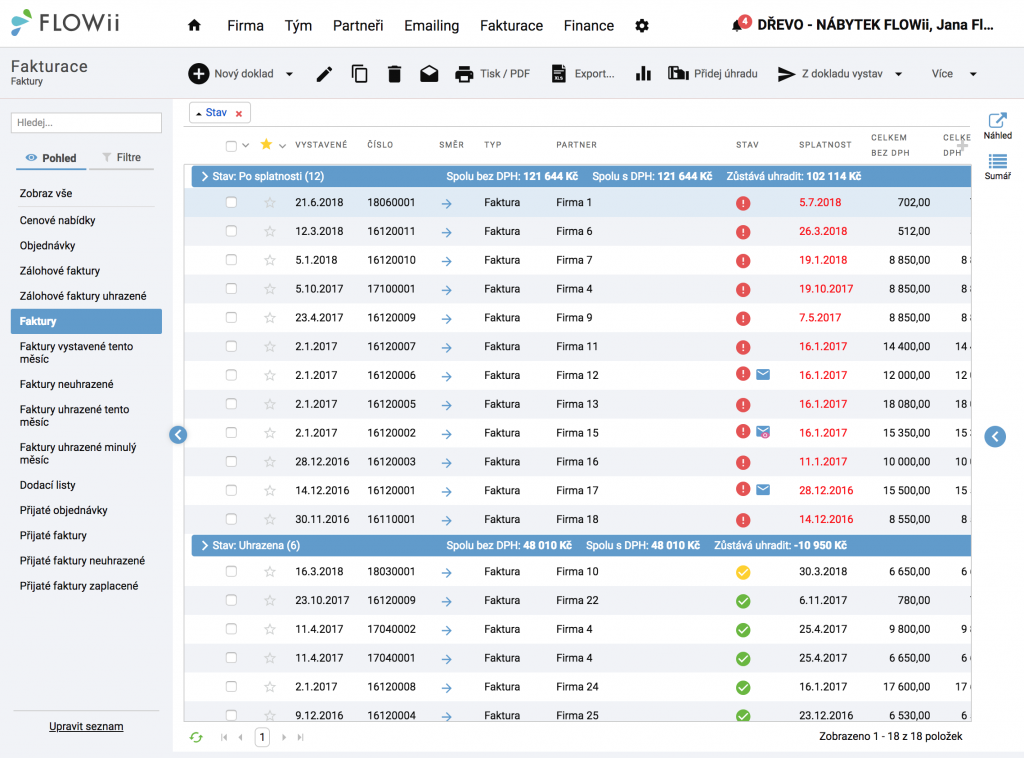 FLOWii - Fakturace - přehled faktur dle stavu splatnosti