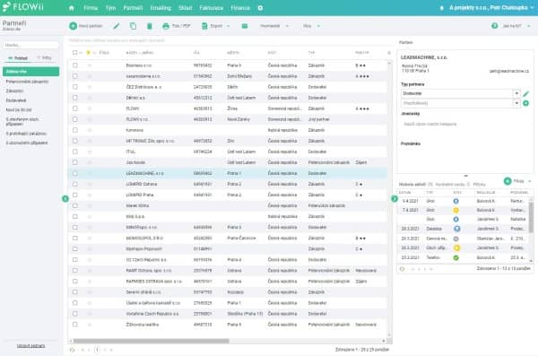 FLOWii - Partneři - základní okno správy zákazníků a dodavatelů