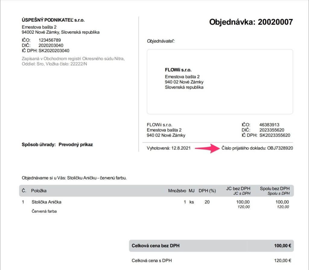 FLOWii - Číslo přijatého dokumentu na faktuře