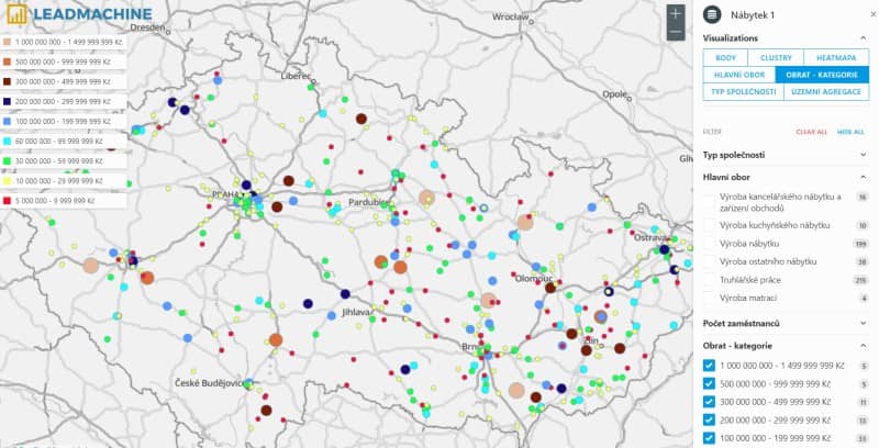 Corpis Maps - zobrazení firem podle obratu