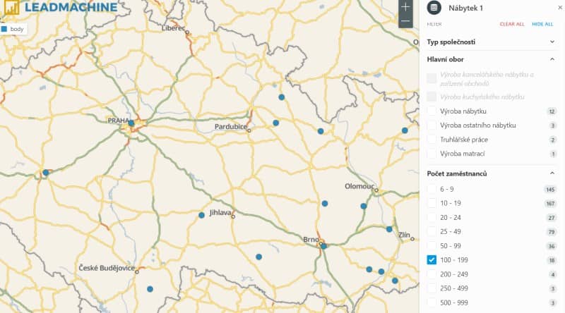 Corpis Maps - filtr firem, které mají 100-200 zaměstnanců