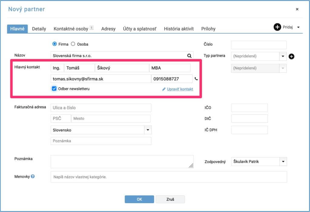FLOWii - zadání kontaktní osoby u partnera