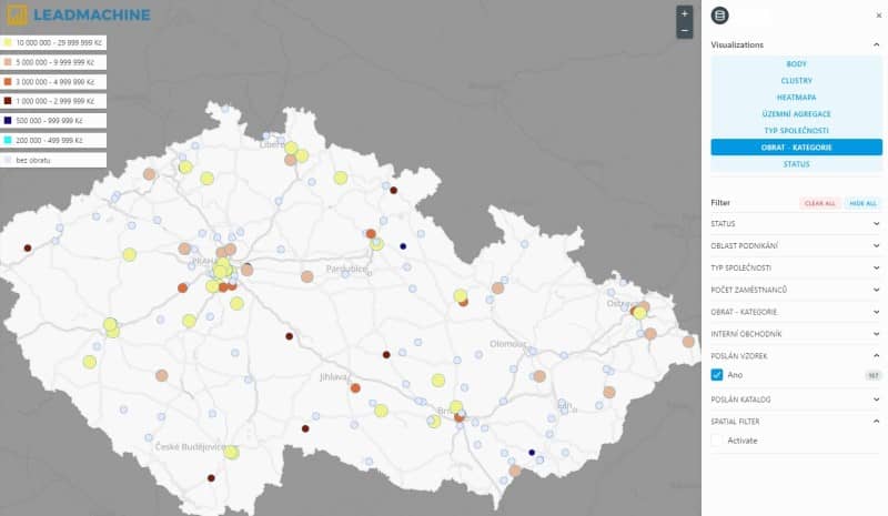 Corpis Maps - kombinace parametru obratu firmy a souhlasu se zasláním vzorku