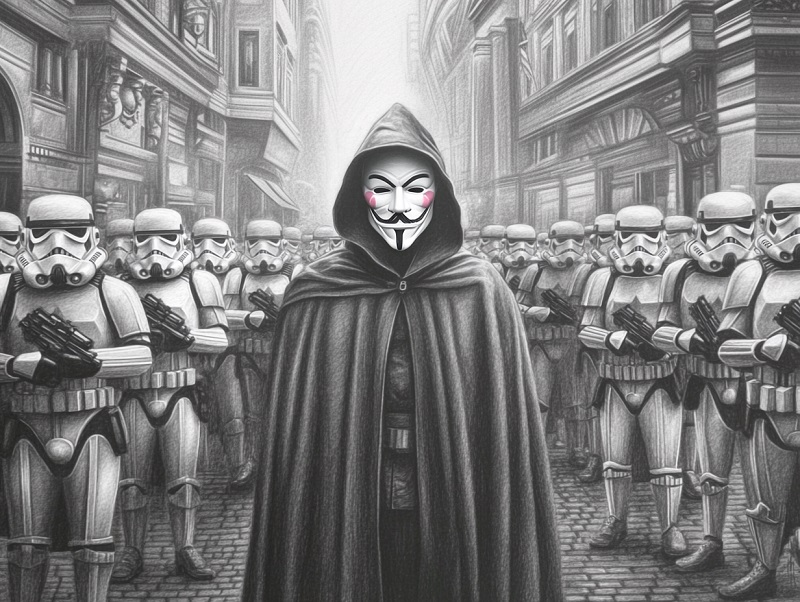 black&white drawing streetart like, no shading, group of stormtroopers, in the middle of them a black figure in a cloak and hat with an anonymous mask, all facing to the camera, --chaos 40 --ar 77:58 --stylize 400 --weird 300 --v 6.1 Job ID: d7737799-fc09-497c-97cb-cddfc505d861